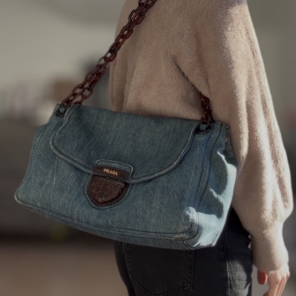 Prada Denim Shoulder Bag with Tortoiseshell Chain Croc Detail Buckle - Picture 4 of 5